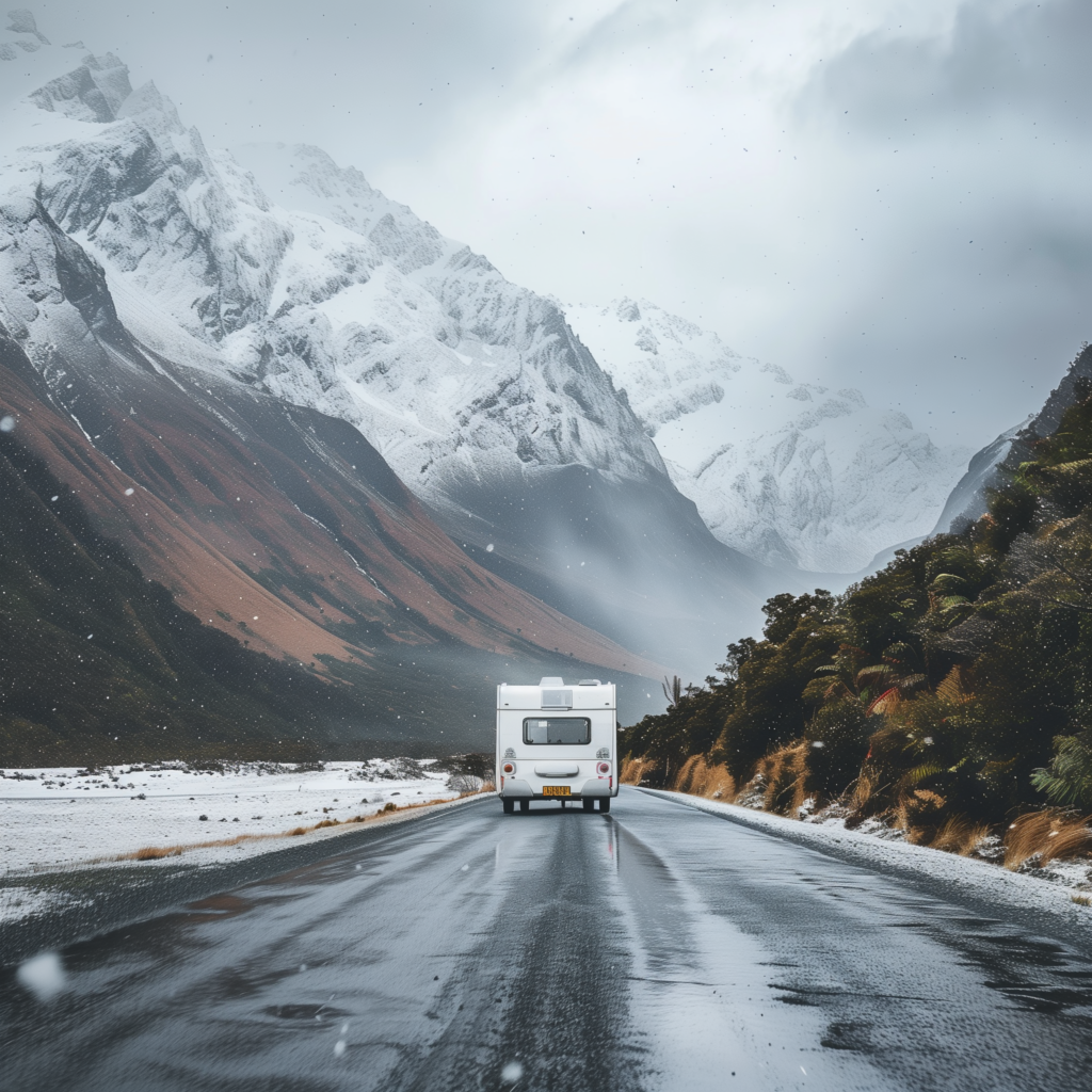 caravan traveling on snowy mountain road